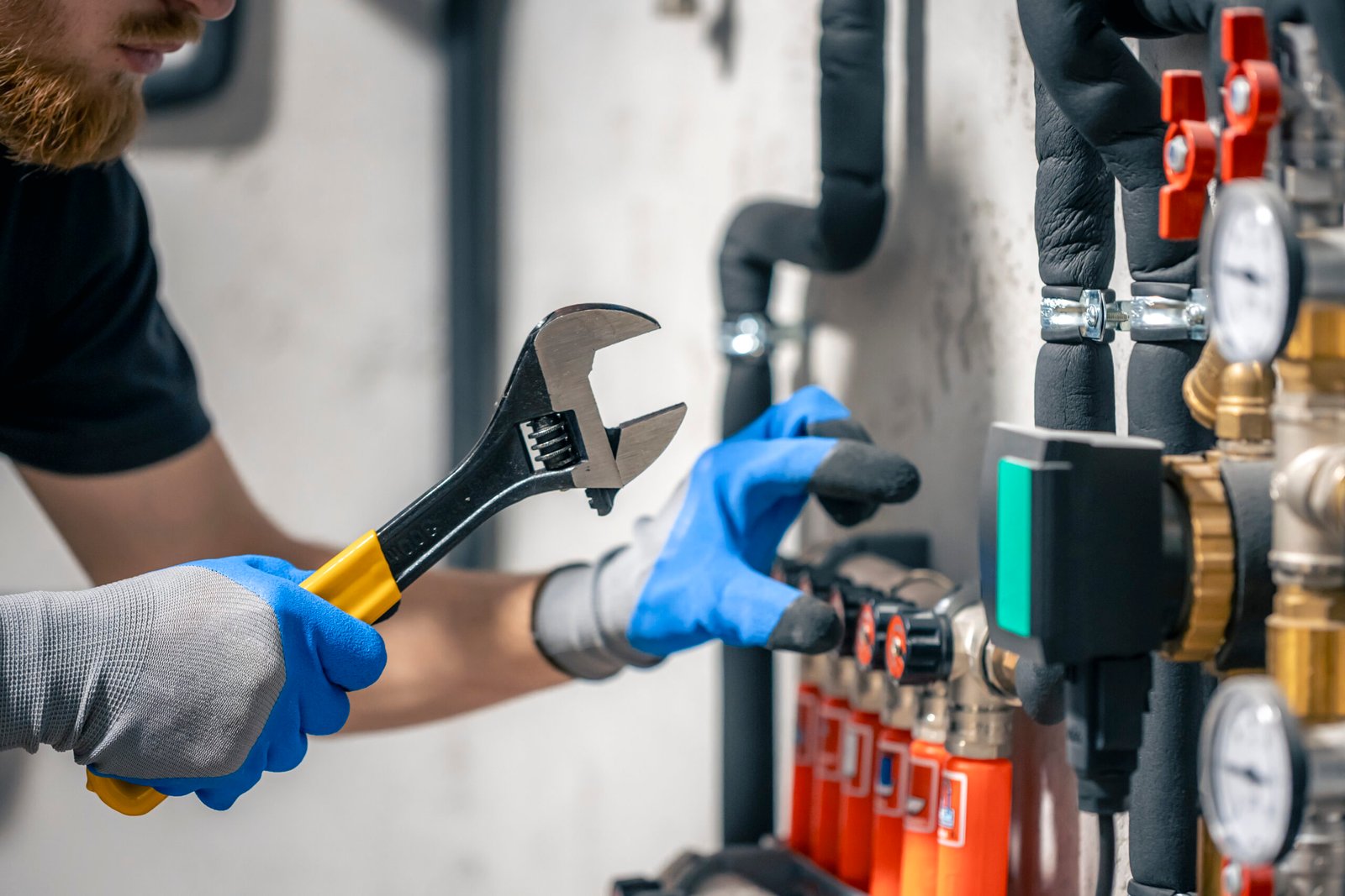 A man installs a heating system in a house and checks the pipes with a wrench.